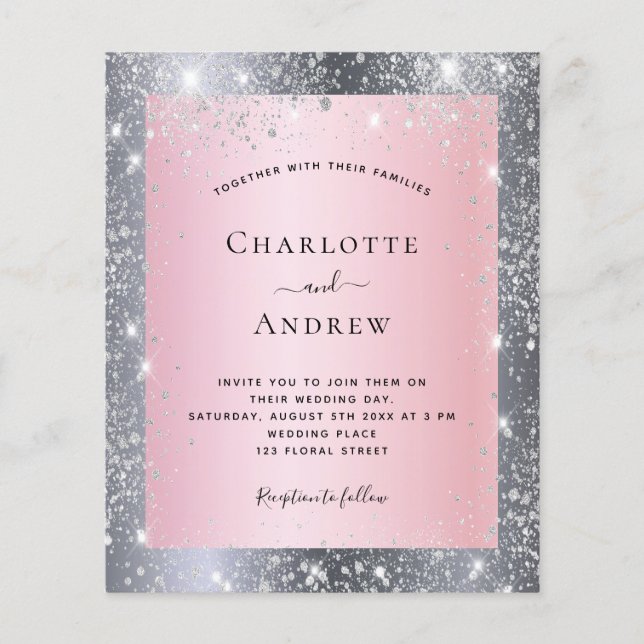 Silver blush pink glitter elegant wedding budget flyer (Front)