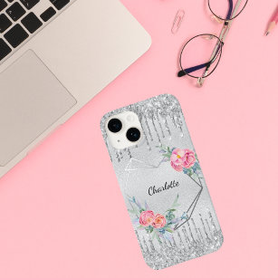 Silver blush pink glitter floral monogram name  iPhone 13 mini case