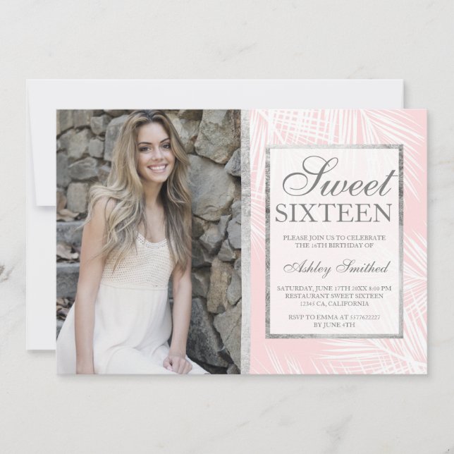 Silver blush pink palm tree pattern photo Sweet 16 Invitation (Front)