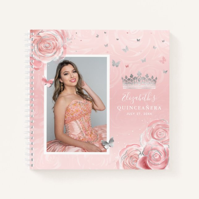 Silver Blush Pink Photo Quinceanera Guest Notebook (Front)