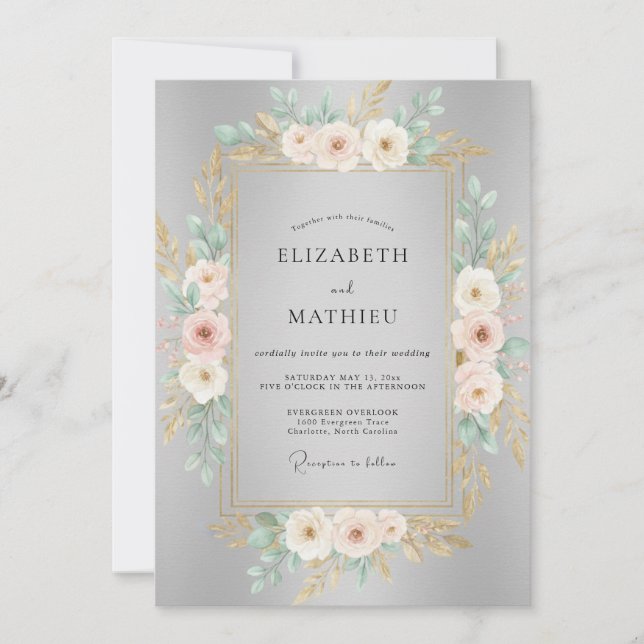 Silver Blush Pink Ranunculus Eucalyptus Wedding Invitation (Front)