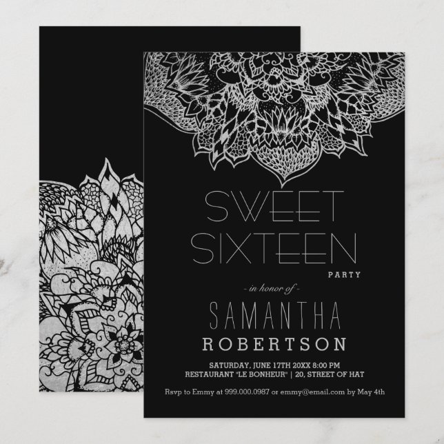 Silver boho floral mandala Sweet 16 party Invitation (Front/Back)