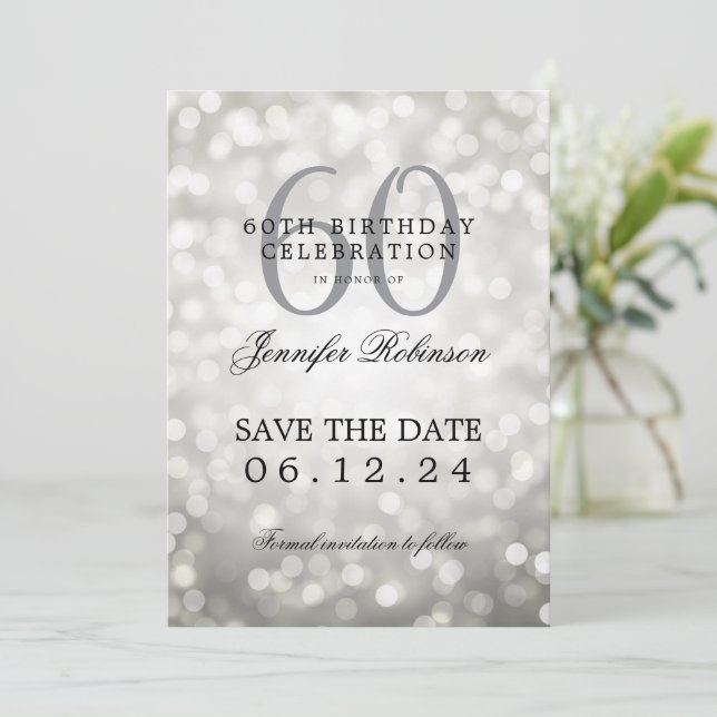 Silver Bokeh 60th Birthday Save the Date  Invitation (Standing Front)