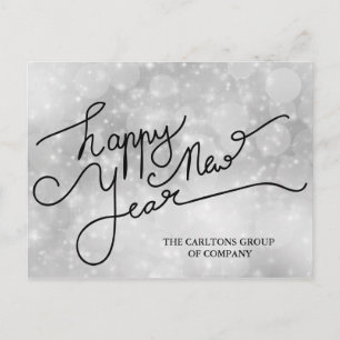 Silver Bokeh Happy New Year Typography Corporate Holiday Postcard