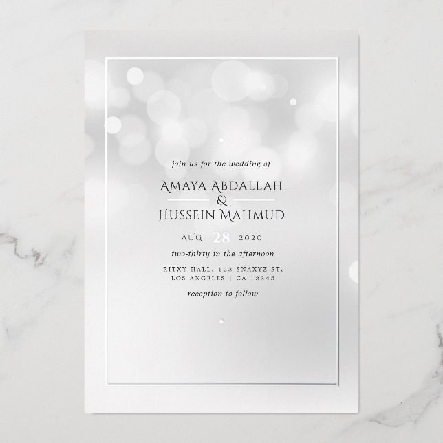 Silver Bokeh Wedding Foil Invitation (Front)