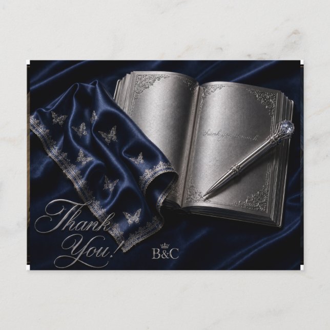 Silver Book & Pen Thank You Postcard | Literary (Front)