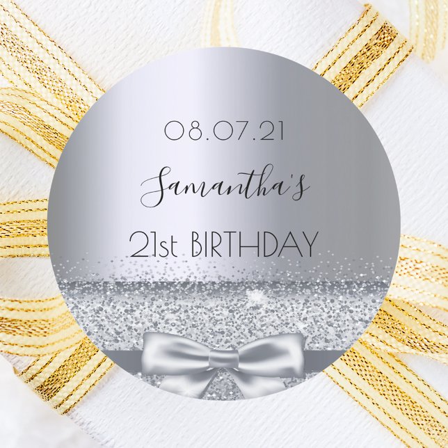 Silver bow birthday classic round sticker (Creator Uploaded)