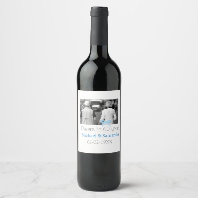SILVER bow cheers to 60 years anniversary wedding  Wine Label (Front)