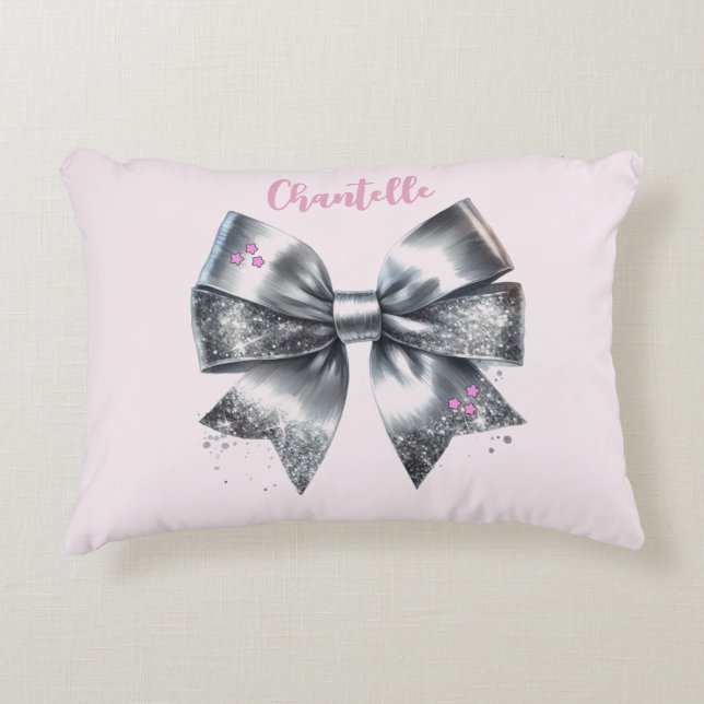 Silver Bow Faux Glitter Personalized Accent Pillow (Front)
