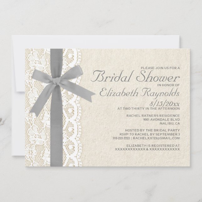 Silver Bow & Lace Bridal Shower Invitations (Front)