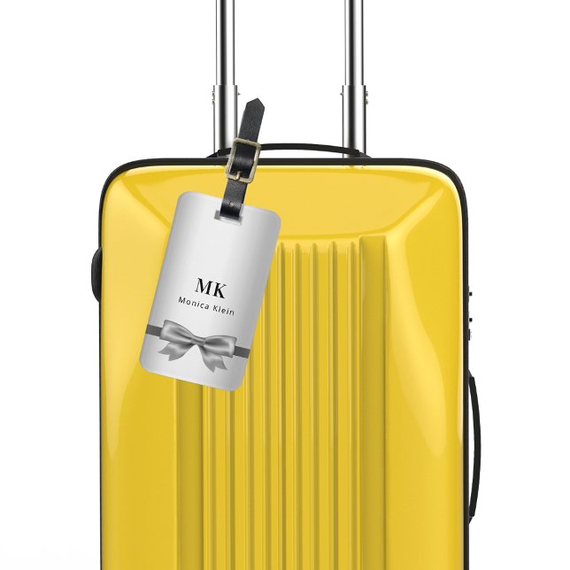 Silver bow monogram initials elegant luggage tag (Creator Uploaded)