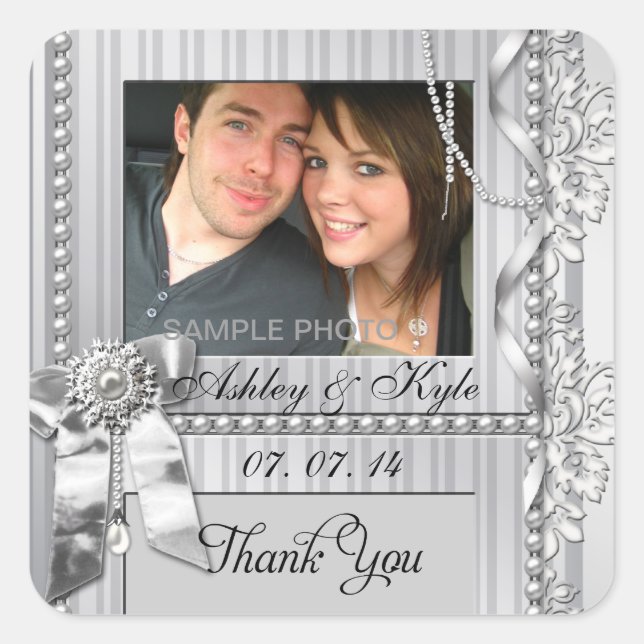 Silver Bow Photo Thank You Wedding Labels (Front)