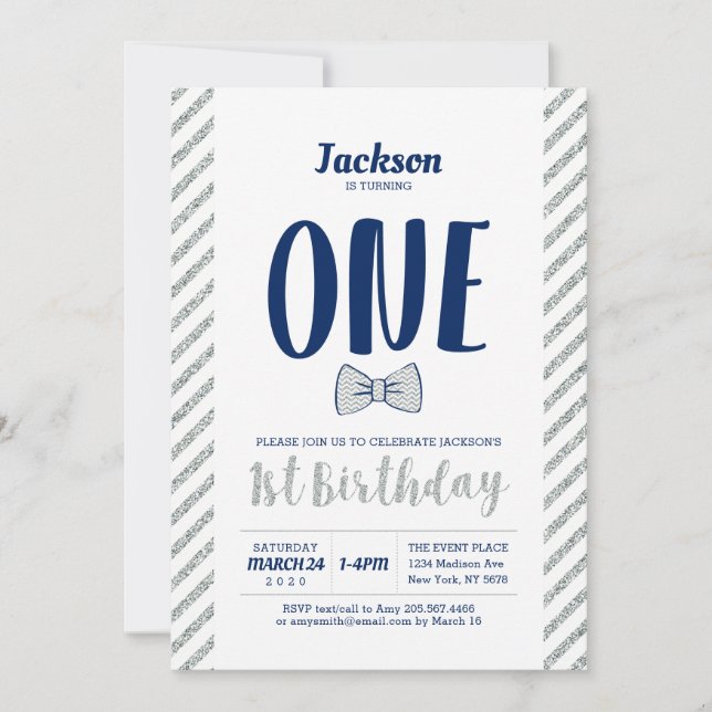 Silver, Bow Tie | Boy 1st Birthday Invitation (Front)