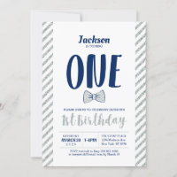 Silver, Bow Tie | Boy 1st Birthday Invitation