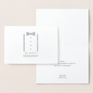Silver Bow Tie Personalized Groomsman Proposal Foil Card