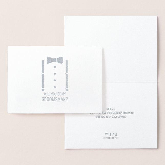Silver Bow Tie Personalized Groomsman Proposal Foil Card (Display)