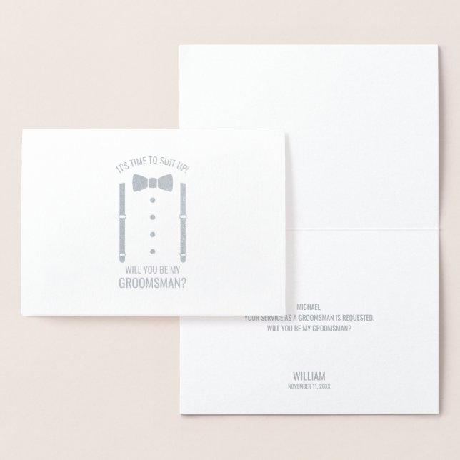 Silver Bow Tie Personalized Groomsman Proposal Foil Card (Display)