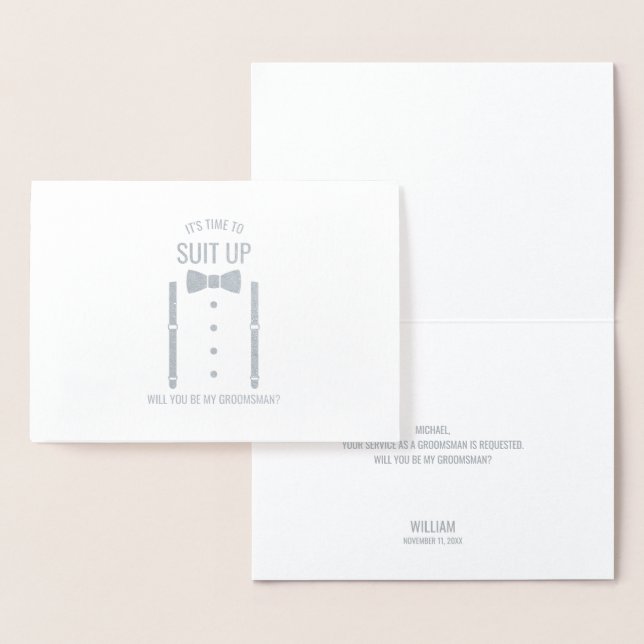Silver Bow Tie Personalized Groomsman Proposal Foil Card (Display)