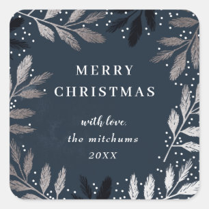 Silver Branch Merry Christmas Holiday Square Sticker