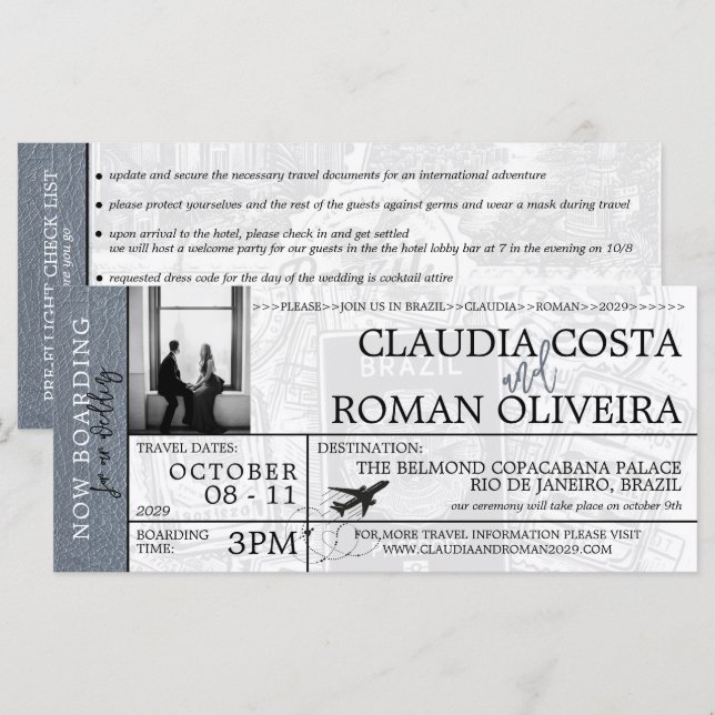 Silver Brazil Wedding Boarding Pass Invitation (Front/Back)