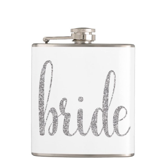 Silver bride flask, glitter font hip flask (Front)