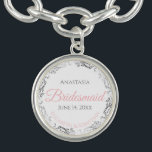 Silver Bridesmaid Charm Bracelet Wedding Favour<br><div class="desc">These charm bracelets are designed to give as favours to bridesmaids in your wedding party. Designed to coordinate with our Pink & Grey Elegant Wedding Suite, they feature a simple yet elegant design with a white background, Pink & Grey, and a silver faux foil floral border. Perfect way to thank...</div>