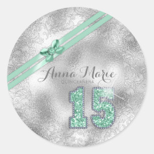 Silver Brocade Fifteenth Birthday Mint Green ID382 Classic Round Sticker