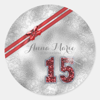 Silver Brocade Fifteenth Birthday Red ID382 Classic Round Sticker