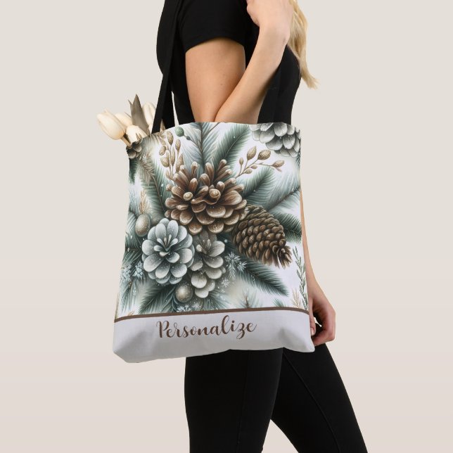 Silver Brown Pinecones Elegant Personalized Tote Bag (Close Up)