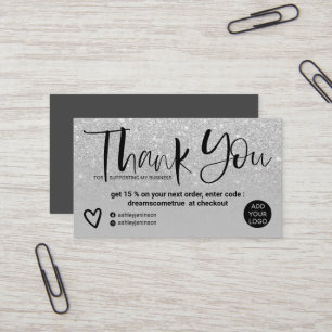 Silver brush font chic grey order thank you business card