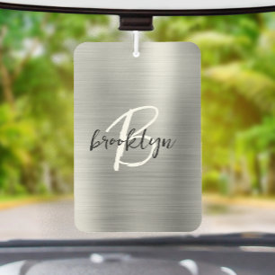 Silver Brushed Metal Black White Script Monogram Air Freshener