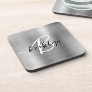 Silver Brushed Metal Black White Script Monogram  Coaster