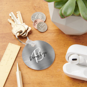 Silver Brushed Metal Black White Script Monogram  Keychain