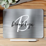 Silver Brushed Metal Black White Script Monogram  Mouse Pad<br><div class="desc">This elegant personalized mouse pad features a monogram and first name in modern black and white script on a glam silver brushed metal background.</div>