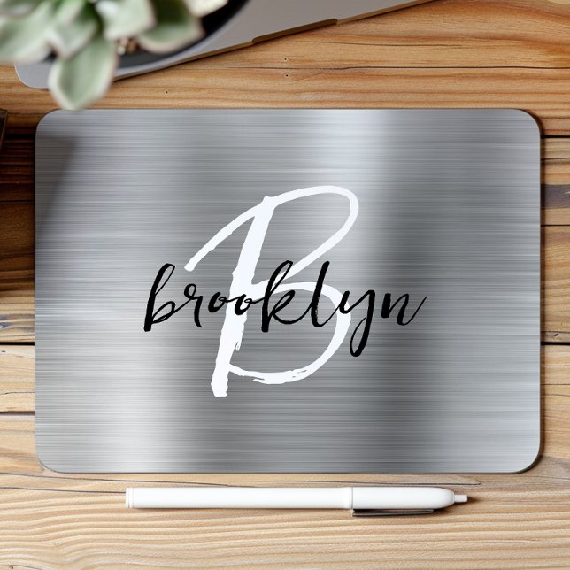 Silver Brushed Metal Black White Script Monogram  Mouse Pad (Creator Uploaded)