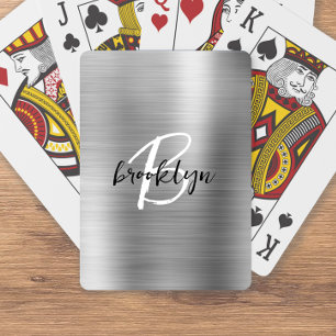 Silver Brushed Metal Black White Script Monogram  Playing Cards