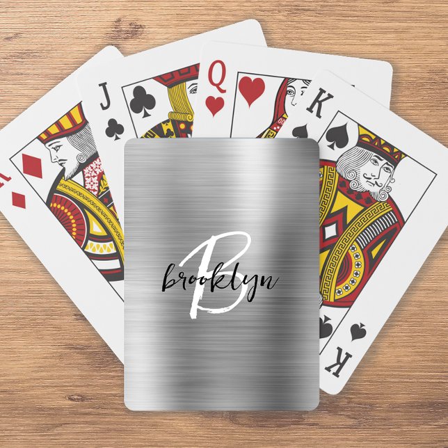 Silver Brushed Metal Black White Script Monogram  Playing Cards (Creator Uploaded)