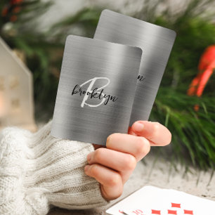 Silver Brushed Metal Black White Script Monogram  Playing Cards