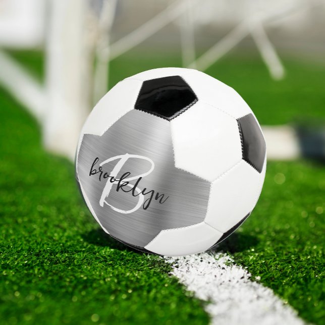 Silver Brushed Metal Black White Script Monogram  Soccer Ball (Creator Uploaded)