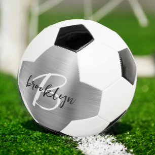 Silver Brushed Metal Black White Script Monogram Soccer Ball