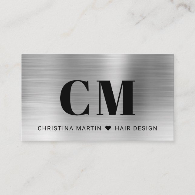  Silver Brushed Metal Bold Typography Monogram Business Card (Front)