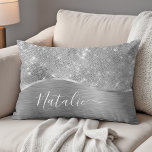 Silver Brushed Metal Glitter Monogram Name Accent Pillow<br><div class="desc">Easily personalize this trendy accent pillow design featuring pretty silver sparkling glitter on a silver brushed metallic background.</div>
