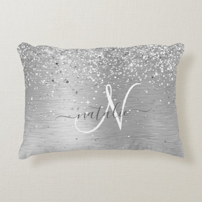 Silver Brushed Metal Glitter Monogram Name Accent Pillow (Front)