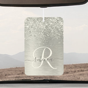 Silver Brushed Metal Glitter Monogram Name Air Freshener