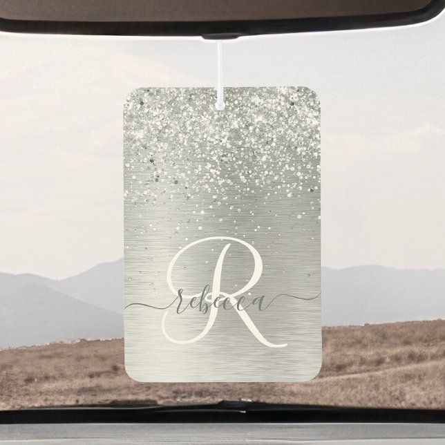 Silver Brushed Metal Glitter Monogram Name Air Freshener (Creator Uploaded)