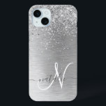 Silver Brushed Metal Glitter Monogram Name iPhone 15 Mini Case<br><div class="desc">Easily personalize this trendy chic phone case design featuring pretty silver sparkling glitter on a silver brushed metallic background.</div>