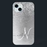 Silver Brushed Metal Glitter Monogram Name iPhone 15 Mini Case<br><div class="desc">Easily personalize this trendy chic phone case design featuring pretty silver sparkling glitter on a silver brushed metallic background.</div>