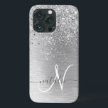 Silver Brushed Metal Glitter Monogram Name iPhone 13 Pro Case<br><div class="desc">Easily personalize this trendy chic phone case design featuring pretty silver sparkling glitter on a silver brushed metallic background.</div>