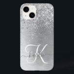 Silver Brushed Metal Glitter Monogram Name Case-Mate iPhone 14 Case<br><div class="desc">Easily personalize this trendy chic phone case design featuring pretty silver sparkling glitter on a silver brushed metallic background.</div>