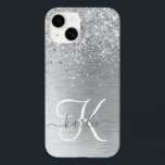 Silver Brushed Metal Glitter Monogram Name Case-Mate iPhone 14 Case<br><div class="desc">Easily personalize this trendy chic phone case design featuring pretty silver sparkling glitter on a silver brushed metallic background.</div>